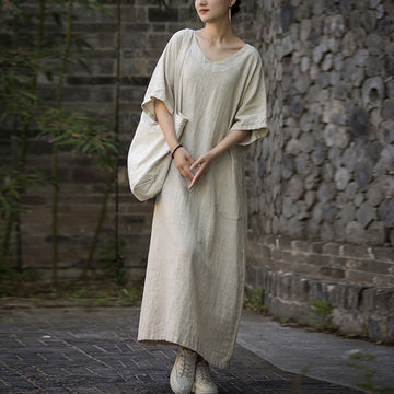 Solid Color V-Neck Half Sleeve Ramie Linen Midi Dress With Pockets