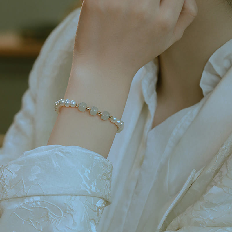 14K Gold Plated Natural Pearl & Hetian Jade Sincerity Bead Chain Bracelet