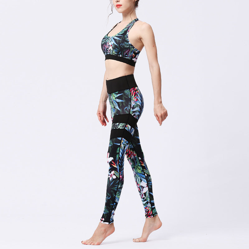2Pcs Sunflower Flowers Leaves Print Top Pants Sports Fitness Yoga Women's Yoga Sets