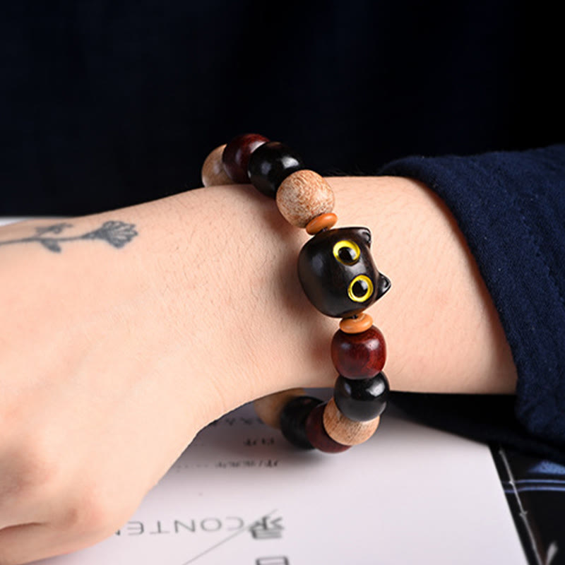 Hand-Carved Cat Engraved Red Sandalwood and Ebony Wood Bracelet