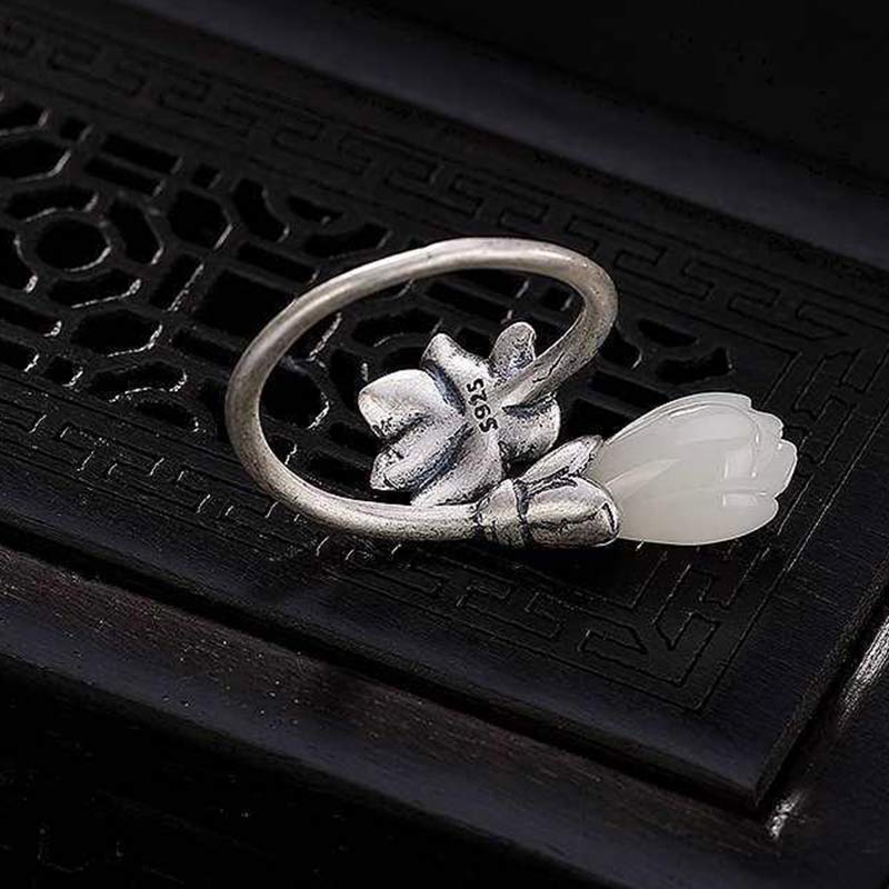 Handmade Copper Jade Lotus Adjustable Ring