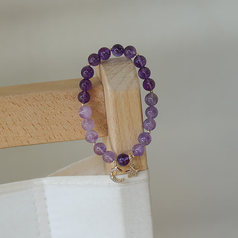 Handmade Natural Amethyst Celestial Moon & Star Beaded Bracelet