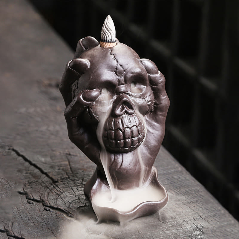 Gothic Skull and Ghost Hand Purple Clay Backflow Incense Burner