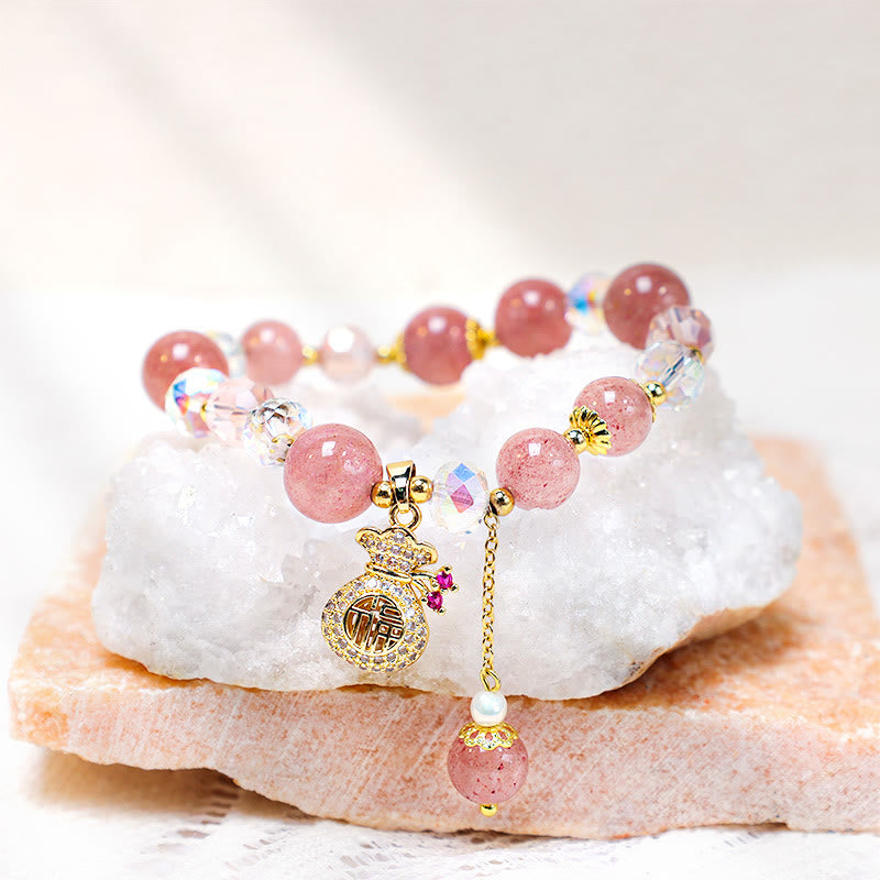Natural Strawberry Quartz Crystal Beaded Bracelet with Carved Money Bag Charm