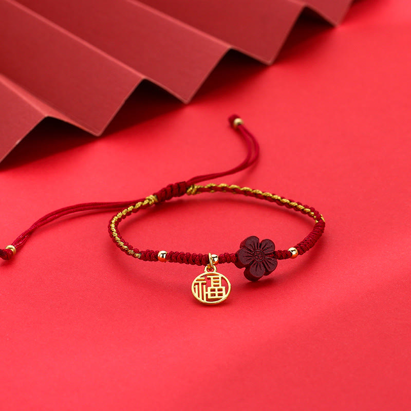 Handmade Red String Cinnabar Flower and Copper Fu Character Braided Bracelet