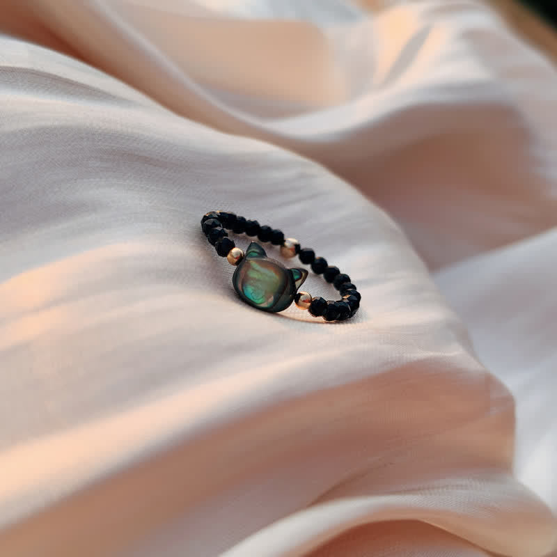 14K Gold Plated Natural Tridacna Stone Carved Cat Ring