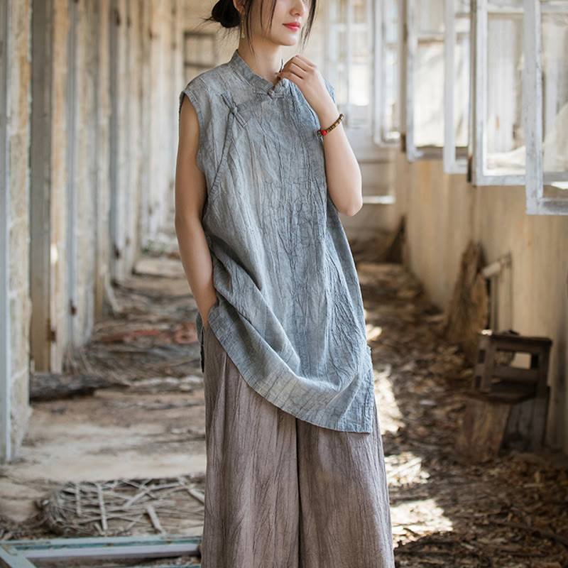 Handmade Tie Dye Ramie Linen Frog-Button Sleeveless Vest