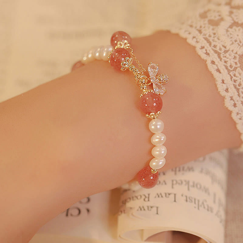 Natural Pearl Strawberry Quartz Healing Cute Honey Bee Charm Bracelet