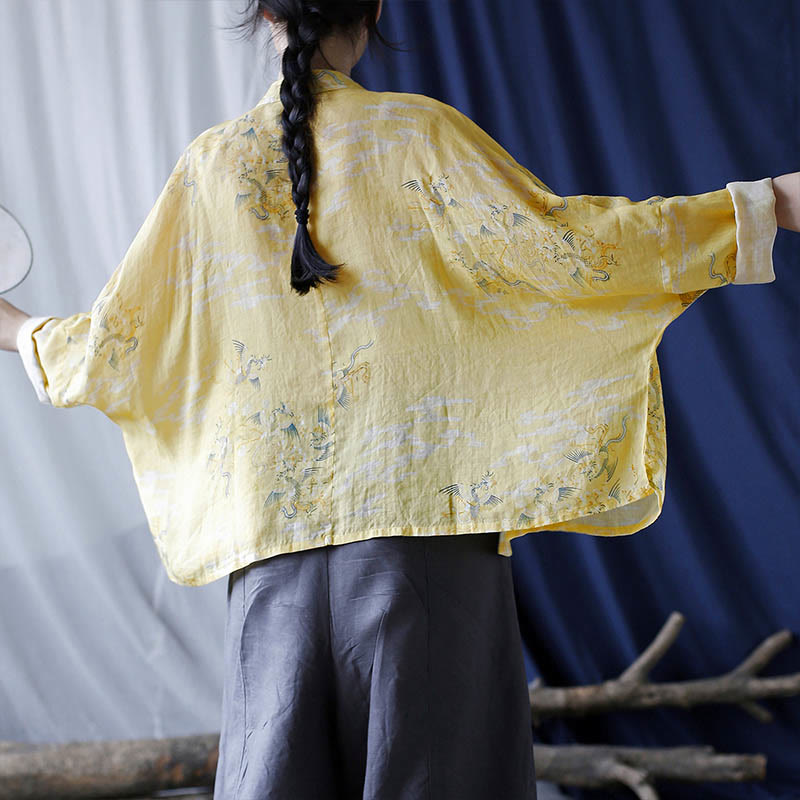 Yellow Phoenix Print Frog-button Design Long Sleeve Ramie Linen Jacket Shirt