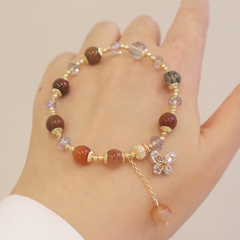 Natural Fu Lu Shou Rainbow Crystal Rutilated Quartz Wealth Butterfly Charm Bracelet