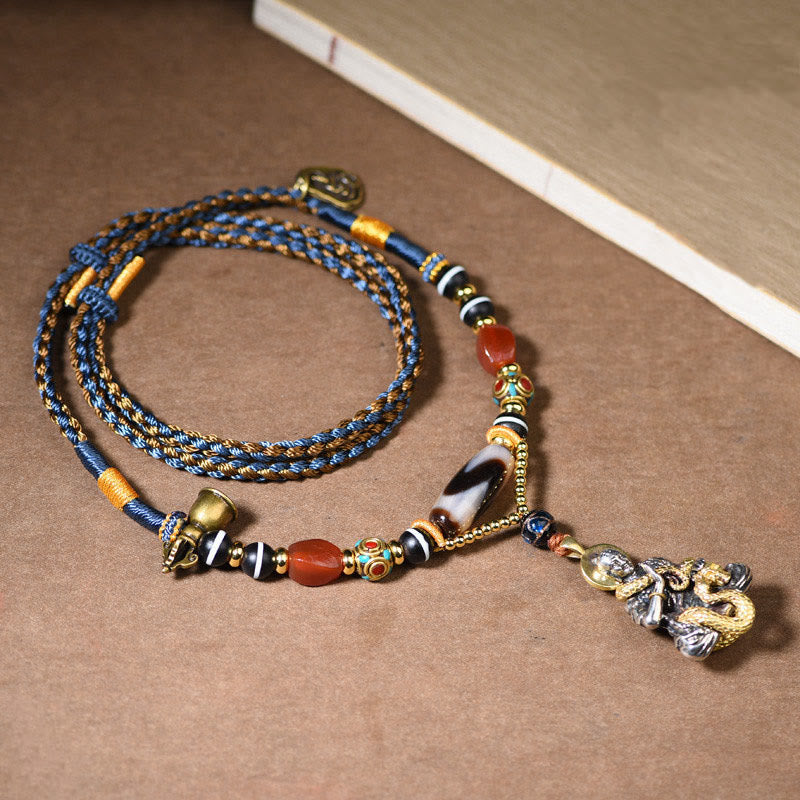 Handmade Buddha Snake Skull Head Dzi Bead Serenity Rope Necklace Pendant (Extra 35% Off | USE CODE: FS35)