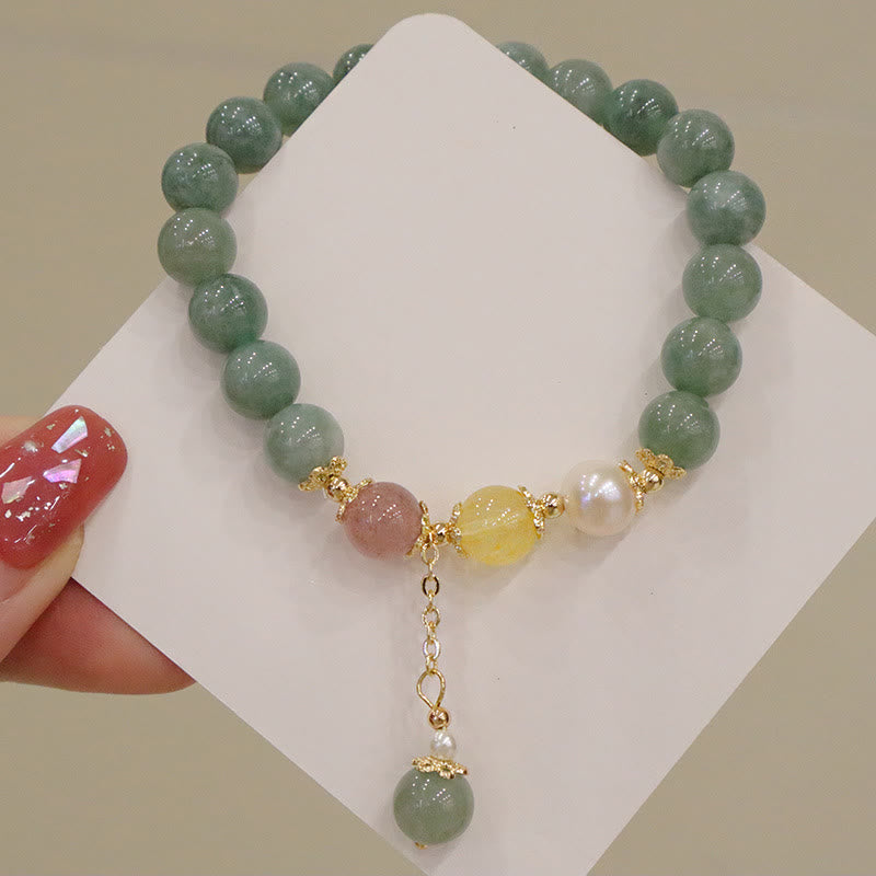 Jade Pearl Strawberry Quartz Abundance Luck Bead Charm Bracelet