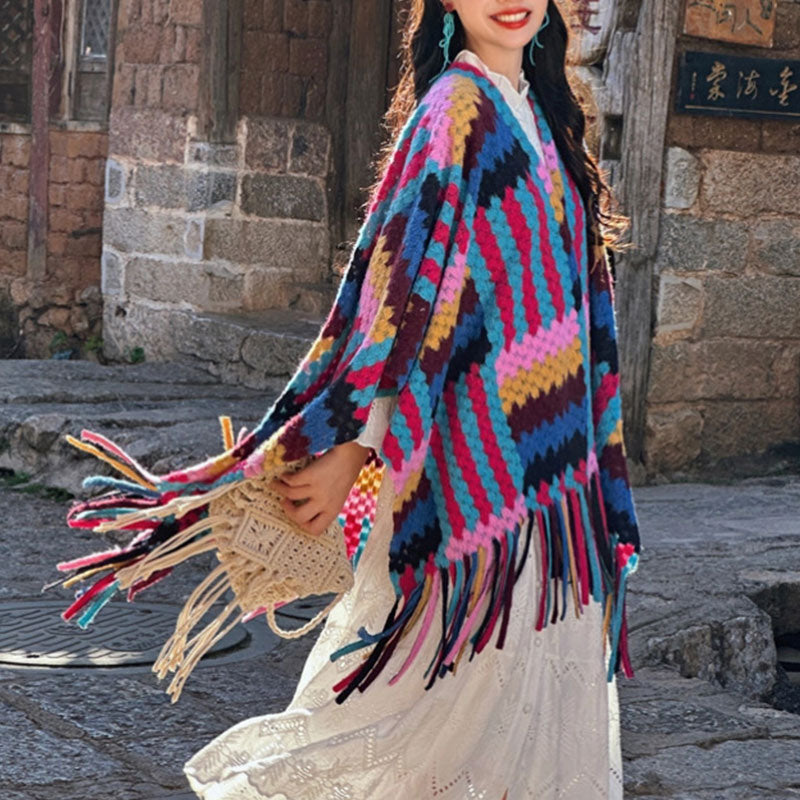 Tibetan Shawl Candy Color Braided Pattern Winter Cozy Travel Knitted Tassel Scarf Wrap