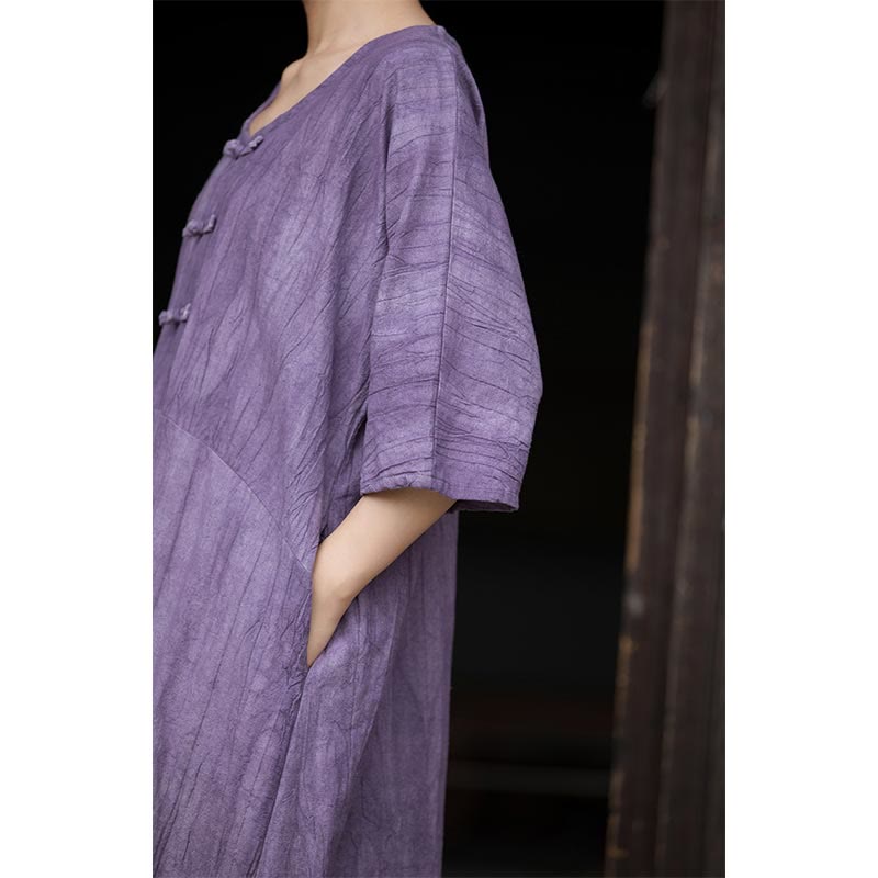 Ramie Linen Tie-Dye Frog-Button Meditation Midi Dress & Wide-Leg Pants Set