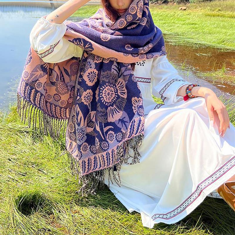 Tibetan Flower Floral Leaves Pattern Design Shawl Cozy Travel Scarf Wrap
