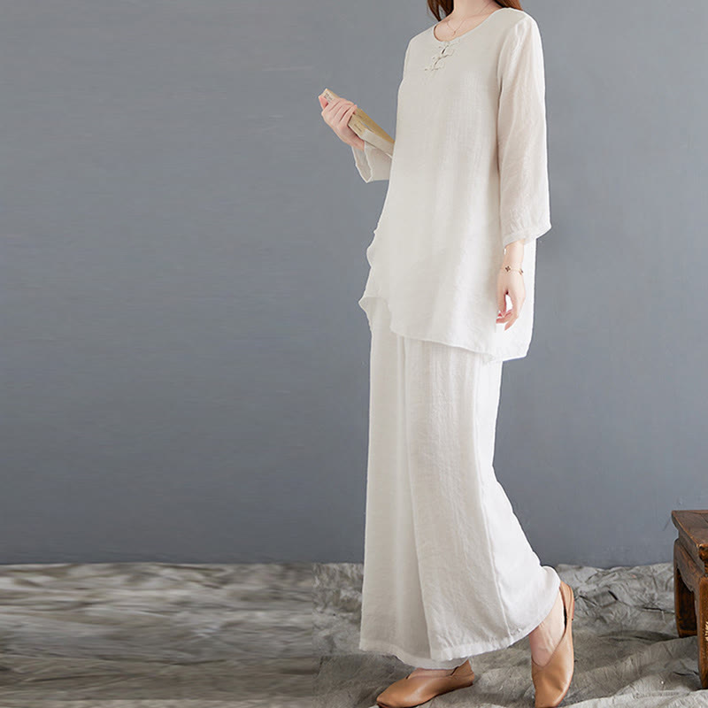 Breathable Cotton Linen Wide-Leg Meditation Shirt and Pants Set