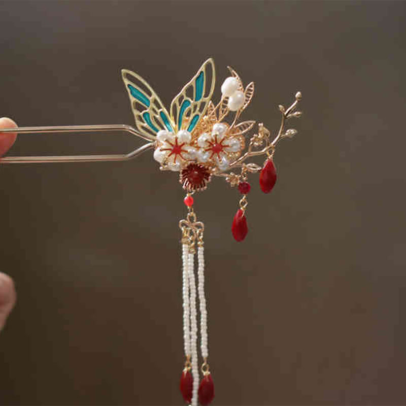 Classical Chinese Style Flower Branche Butterfly Pearl Tassel Hair Clip Hair Comb Hair Crown