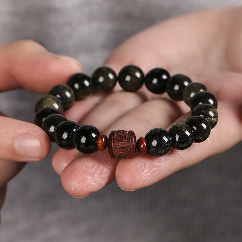 Natural Gold Sheen Obsidian Rainbow Obsidian Om Mani Padme Hum Fu Character Healing Bracelet