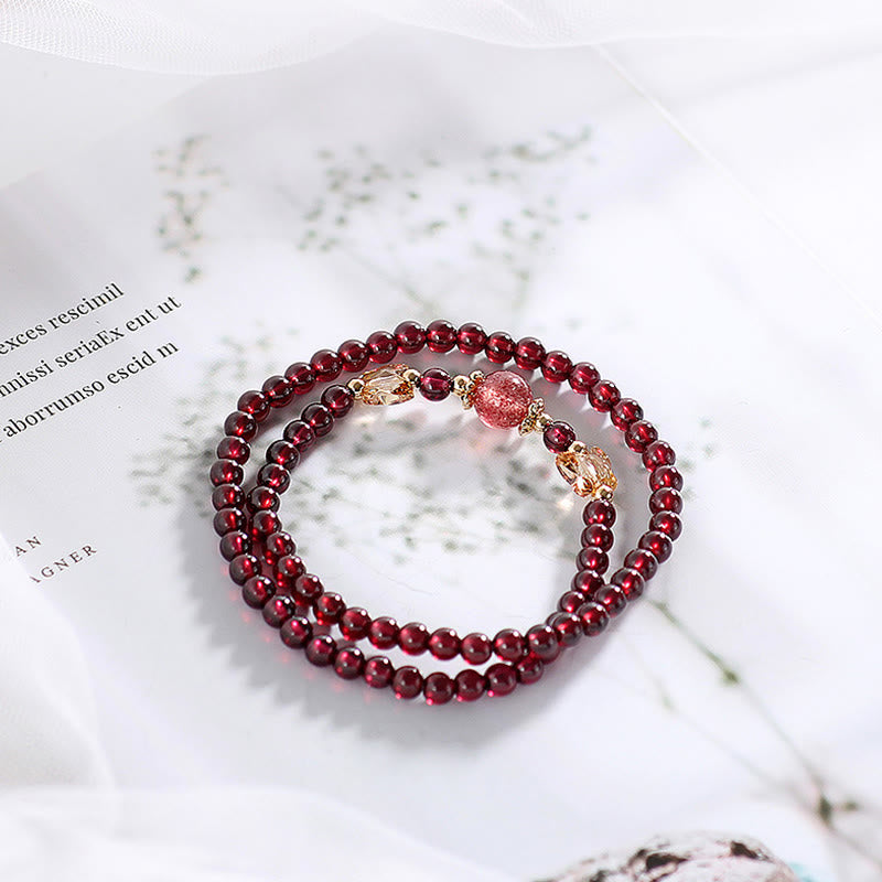 14K Gold Plated Natural Garnet Strawberry Quartz Butterfly Protection Double Wrap Bracelet