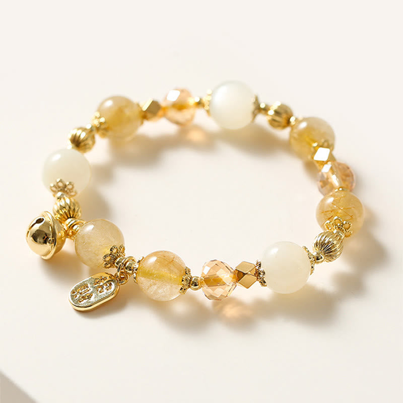 14K Gold Plated Golden Rutilated Quartz Wealth Bell Lucky Fortune Charm Bracelet