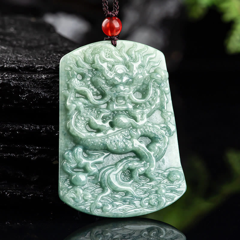 Natural Jade Chinese Zodiac Dragon Sea Luck String Necklace Pendant