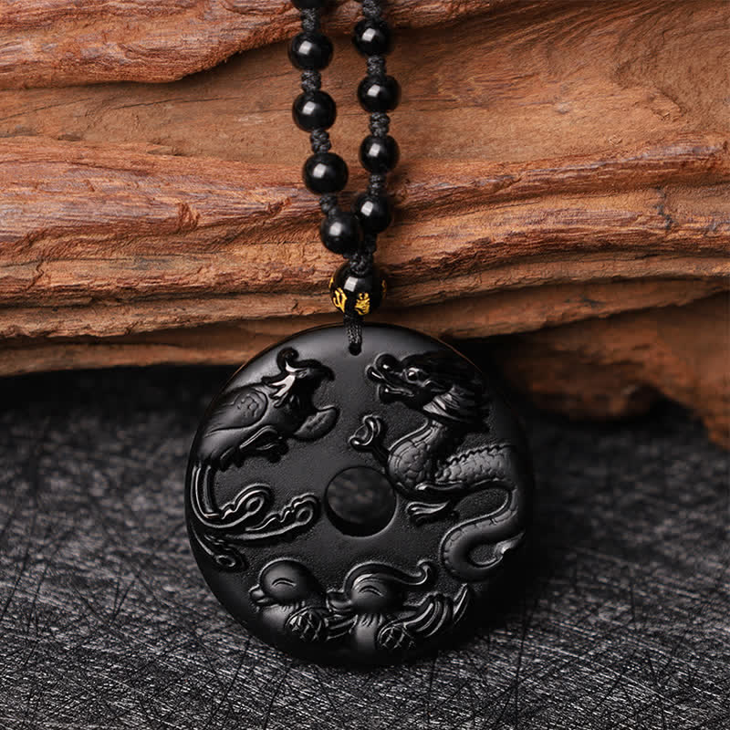 Black Obsidian Dragon Phoenix Mandarin Duck Luck Protection Necklace Pendant