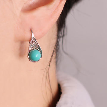 925 Sterling Silver Turquoise Patterned Beaded Drop Dangle Earrings