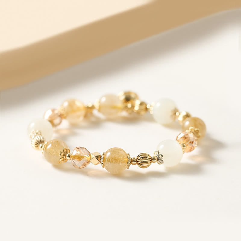 14K Gold Plated Golden Rutilated Quartz Wealth Bell Lucky Fortune Charm Bracelet