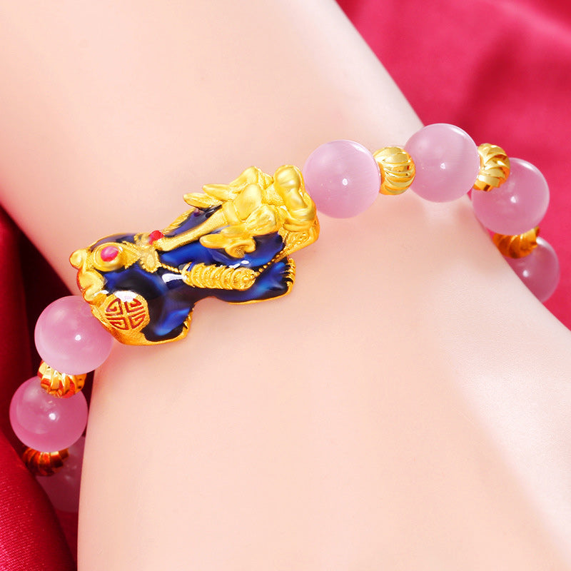 Natural Chrysoberyl Cat's Eye Beaded Bracelet with Pixiu Symbol