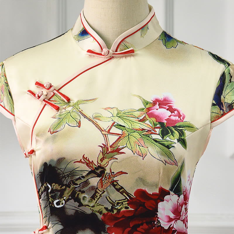 Tactile Knit Peony Print Mindful Ritual Cheongsam Dress