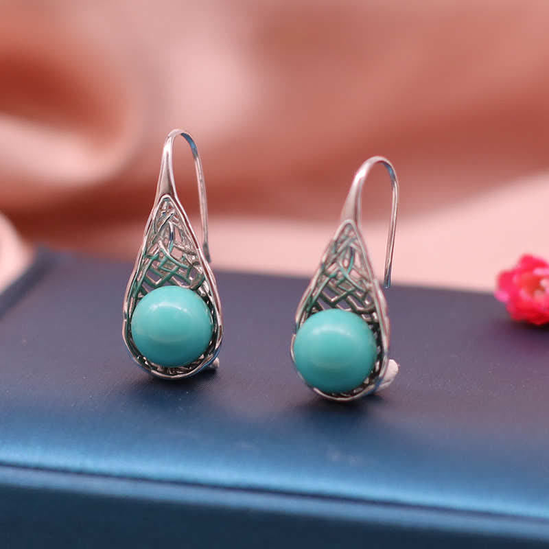 925 Sterling Silver Turquoise Patterned Beaded Drop Dangle Earrings