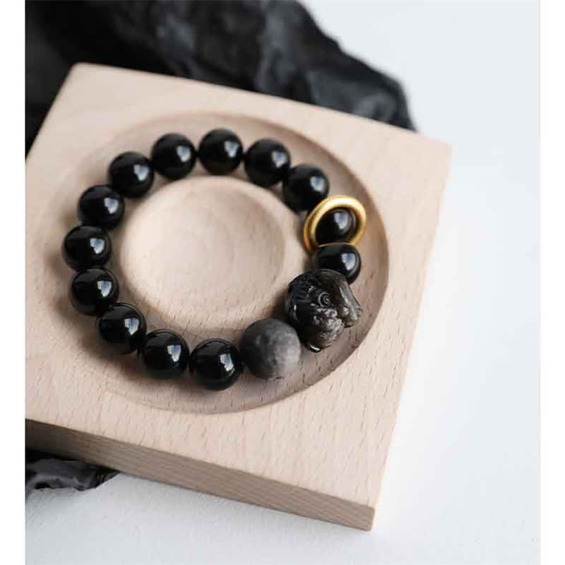 Guardian Lion Silver Sheen & Black Obsidian Beaded Resilience Bracelet