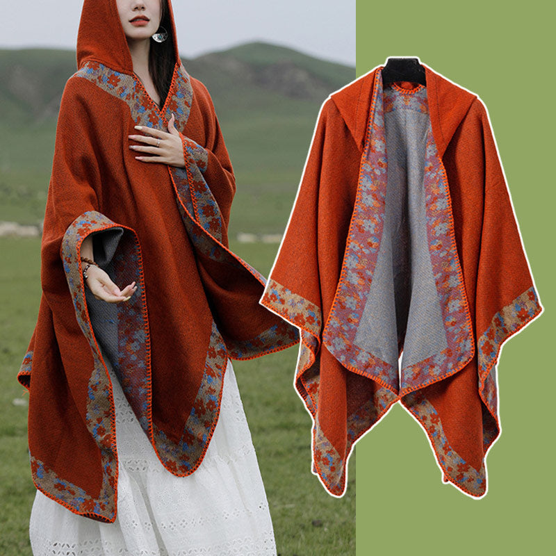 Tibetan Shawl Border Small Floral Flower Hooded Cloak Winter Cozy Travel Scarf Wrap