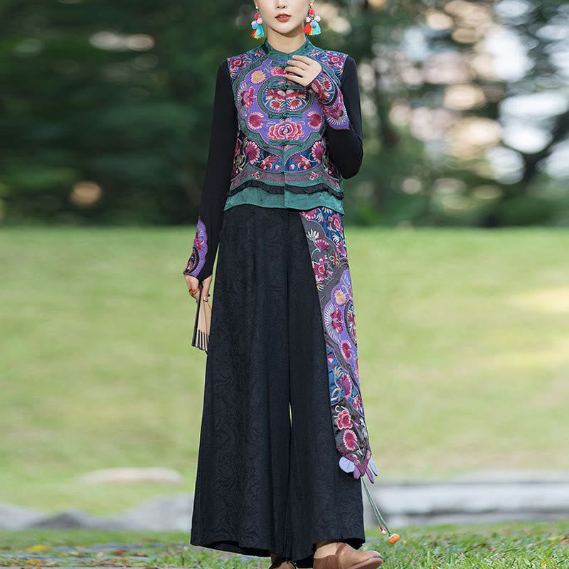 Frog-Button Embroidery Flowers Cotton Linen Tang Suit Design Sleeveless Vest