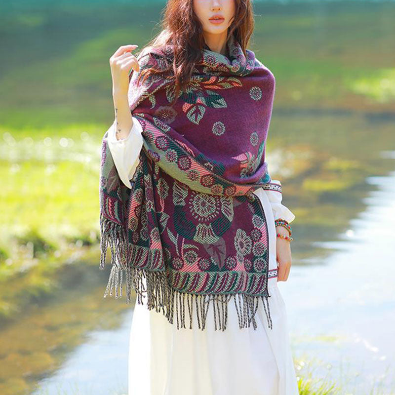 Tibetan Flower Floral Leaves Pattern Design Shawl Cozy Travel Scarf Wrap