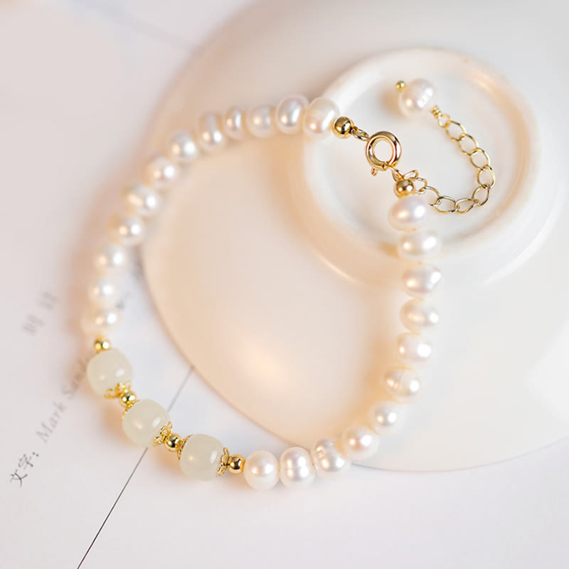 14K Gold Plated Natural Pearl & Hetian Jade Sincerity Bead Chain Bracelet