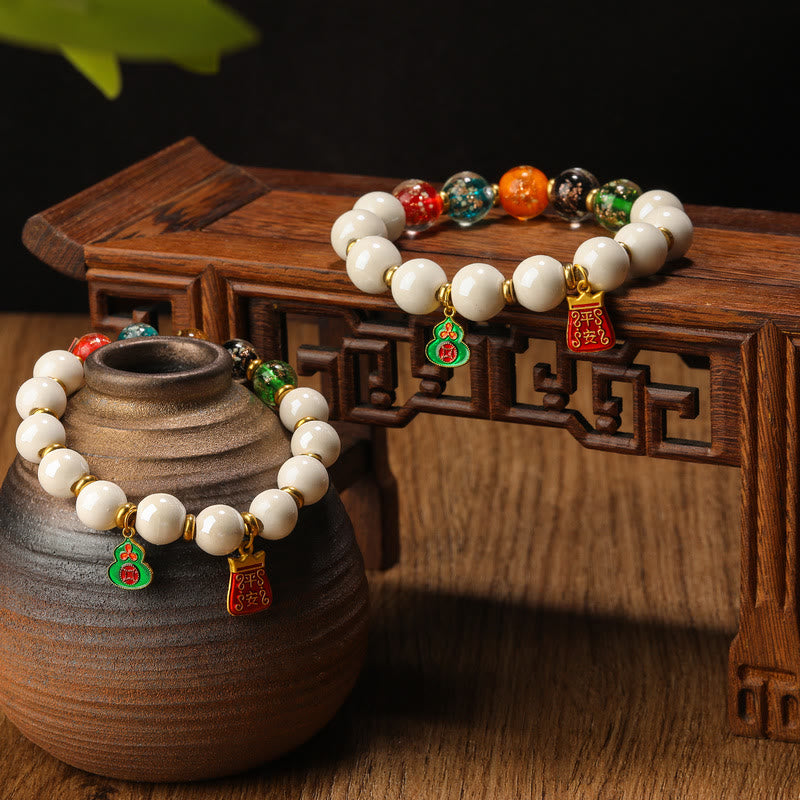 Luminous Liuli Glass & Tibetan Porcelain Beaded Bracelet with Wu Lou Copper Coin Charm