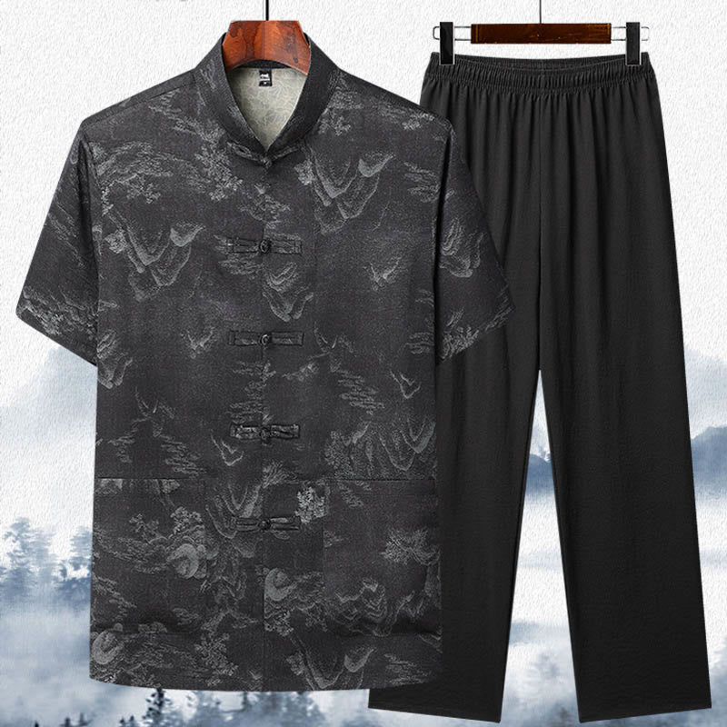 Mountains Trees Tang Suit Hanfu Traditional Uniform Short Sleeve Top Pants Clothing Men's Set