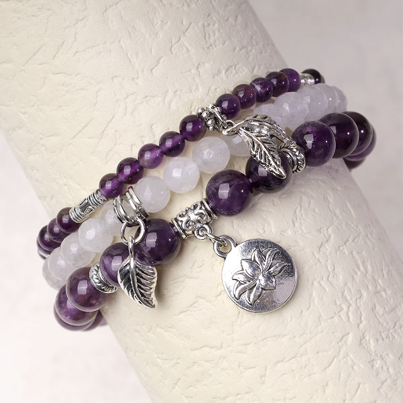 3PCS Natural Gemstone Beaded Lotus Charm Bracelet Set