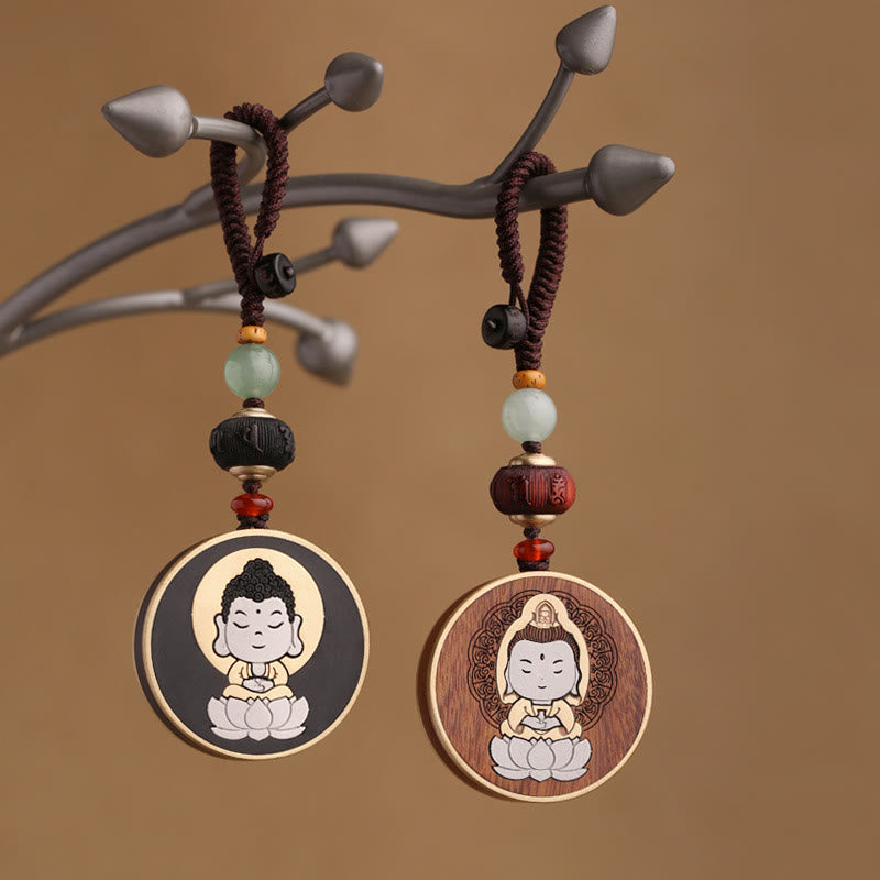 Ebony Wood Rosewood Buddha Avalokitesvara Om Mani Padme Hum Balance Car Key Chain Decoration
