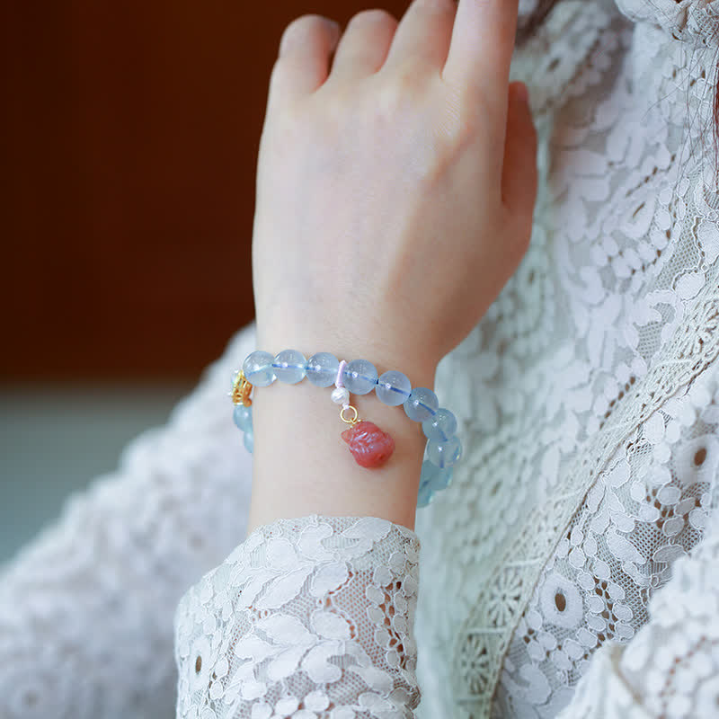 Natural Aquamarine and Red Agate Beaded Bracelet with Sterling Silver, Gold, and Pearl
