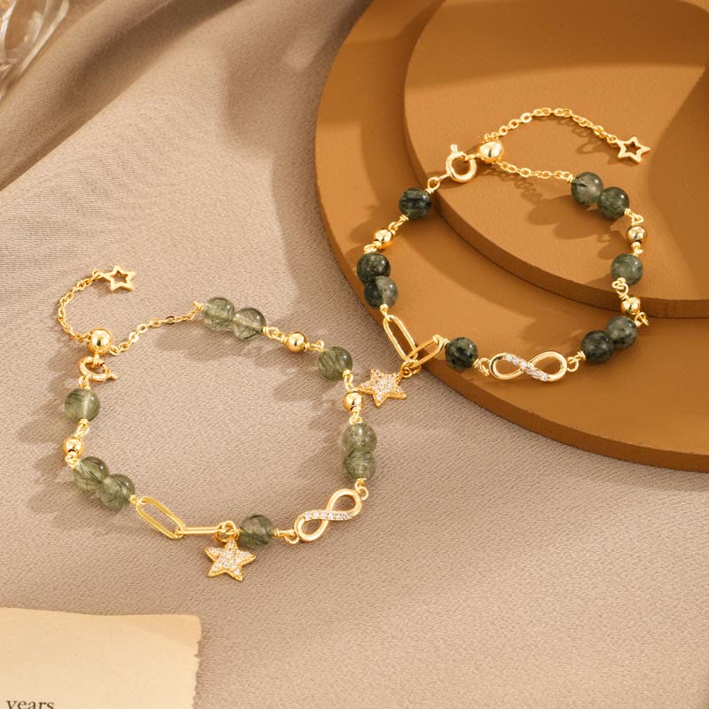 14k Gold Plated Copper Green Rutilated Quartz Möbius Loop Eternal Love Star Protection Bracelet