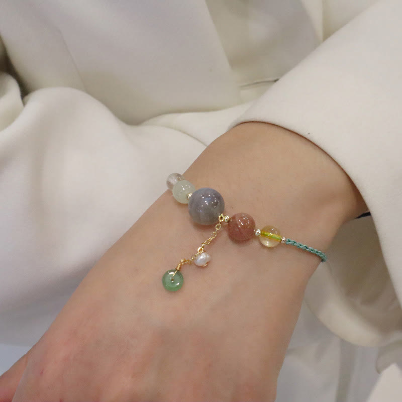 Multi-Gemstone Rope Bracelet with Moonstone, Sunstone, Hetian Jade & Ping An Kou Charm