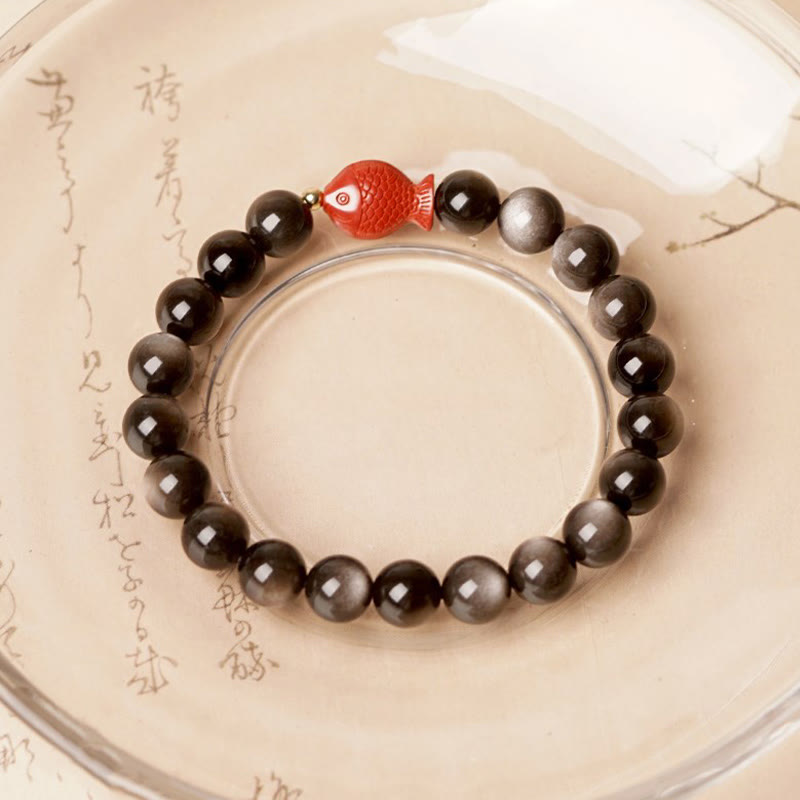 Natural Silver Sheen Obsidian & Cinnabar Koi Fish Beaded Bracelet
