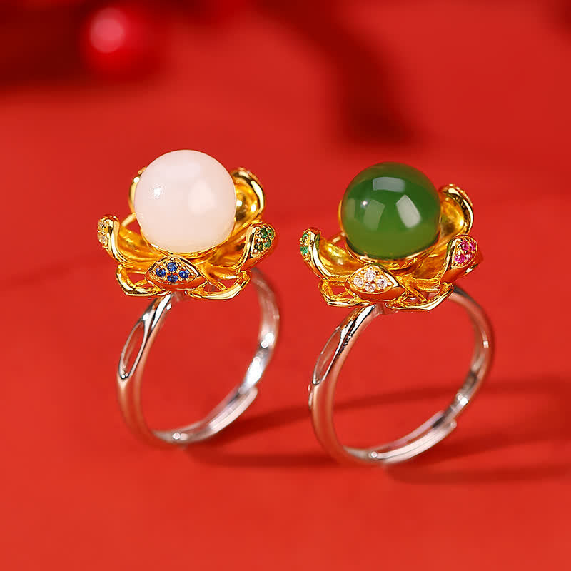 Handcrafted 925 Sterling Silver and Gold Jade Lotus Flower Ring