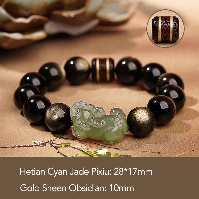 Handmade Gold Sheen Obsidian & Hetian Jade Pixiu Beaded Bracelet for Men and Women