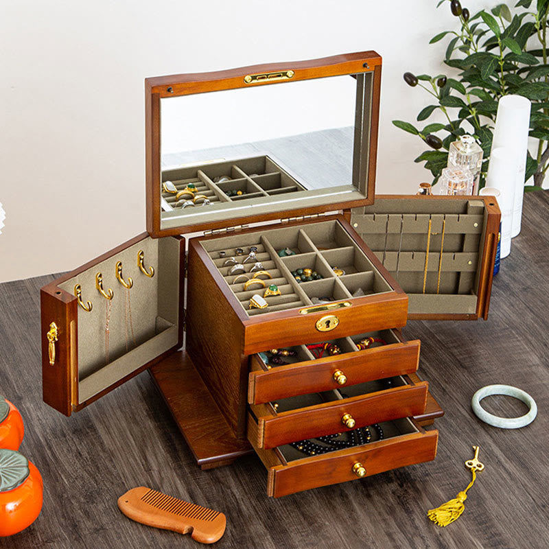 Vintage Large Capacity Wooden Jewelry Box Jewelry Storage Box With Mirror