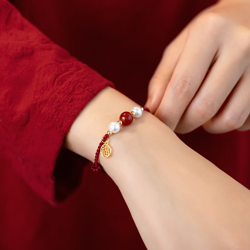 925 Sterling Silver Fu Prosperity Charm Agate Pearl Red String Braided Bracelet