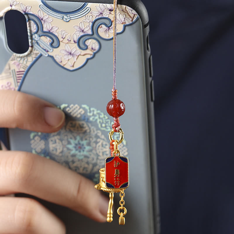 Tibetan Copper Om Mani Padme Hum Prayer Wheel & Red Agate Phone Charm