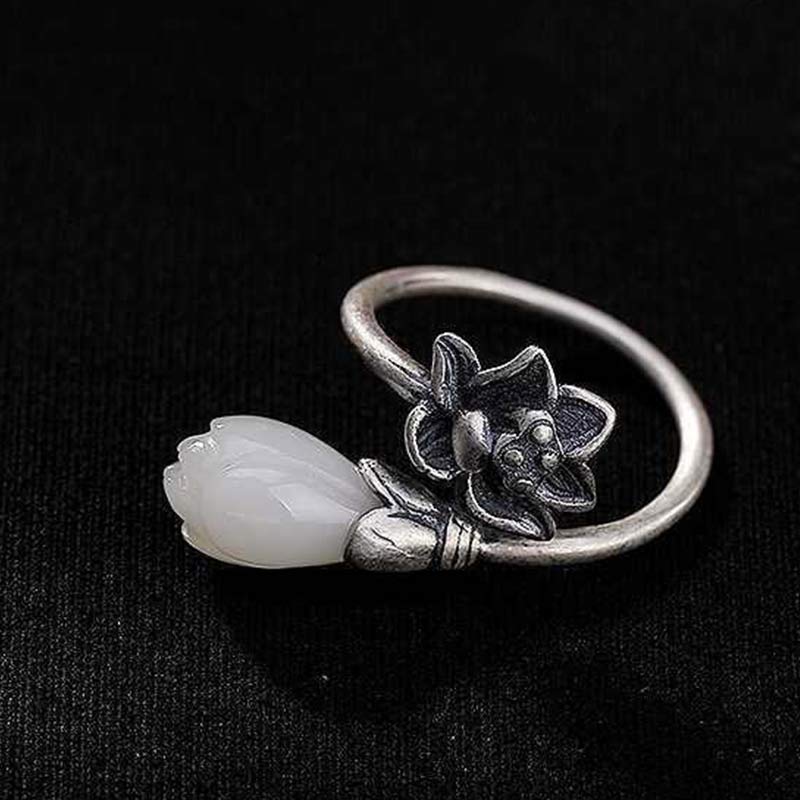 Handmade Copper Jade Lotus Adjustable Ring
